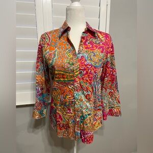 Lauren Ralph Lauren Paisley Top Button Up Woman’s M Multicolor Bright Colorful